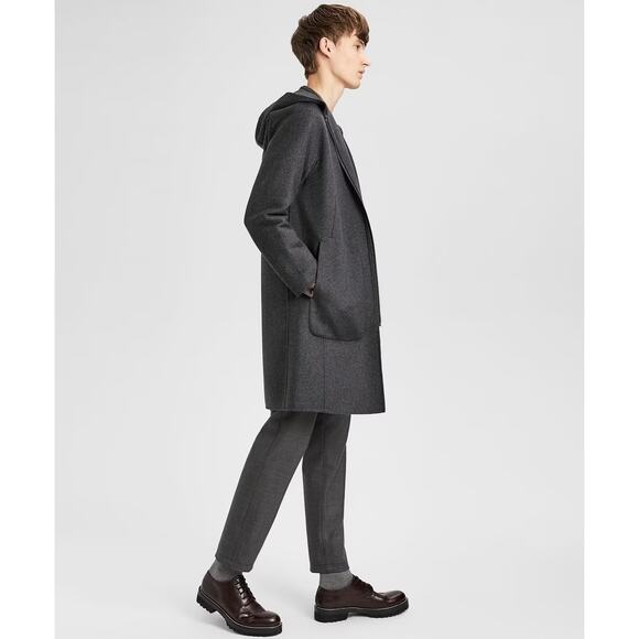 EUC Theory Double-Faced Wool Cashmere Hooded Duffle Coat Gray Longline Jacket L - Picture 3 of 16